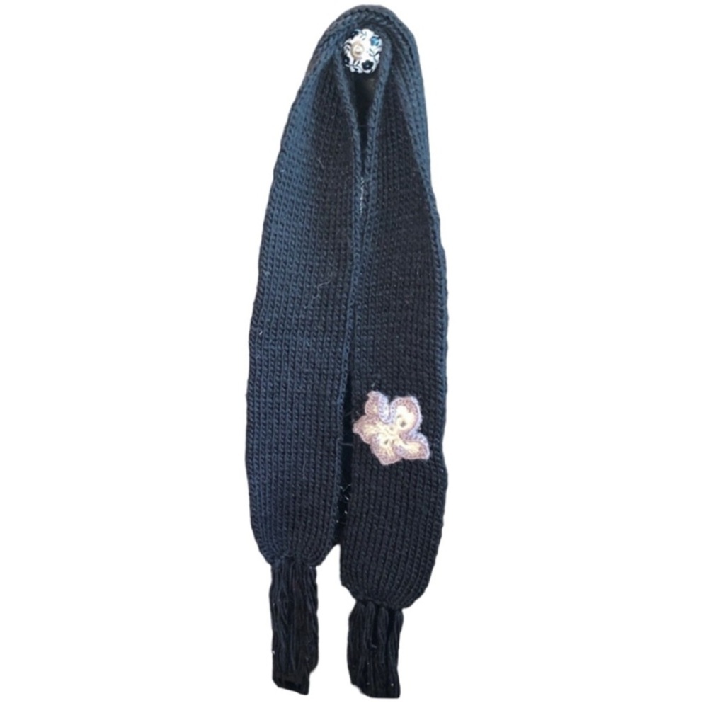 Black Knit Flower Scarf Cozy Warm